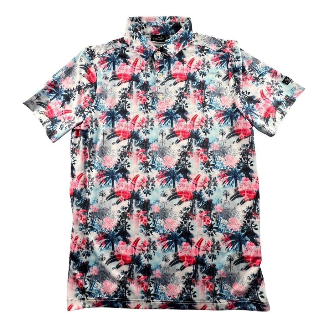 Sunday Swagger Polo Shirt Mens‎ Medium Red Blue Golf Performance Floral Hawaiian